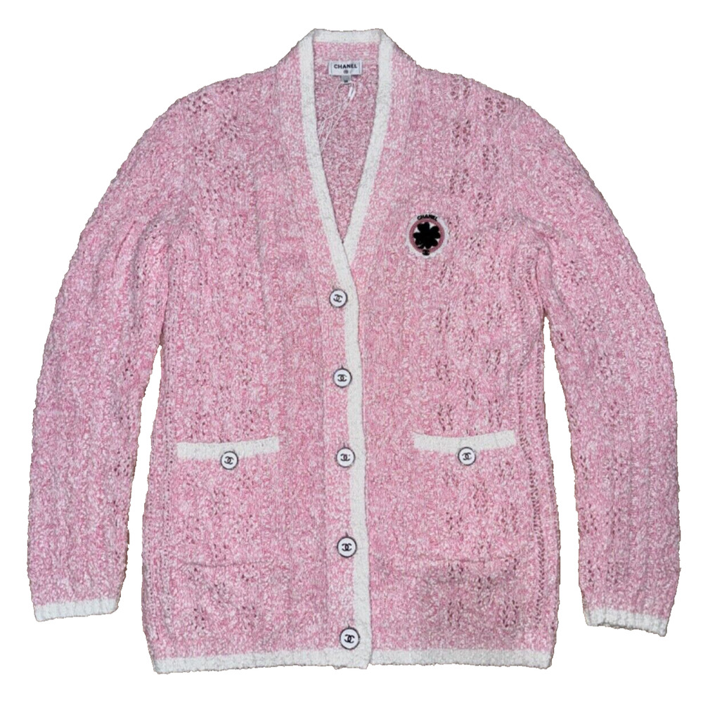 Chanel 24P Pink White Knit Boucle CC Logo Button Long Sleeve Cardigan Sweater 36